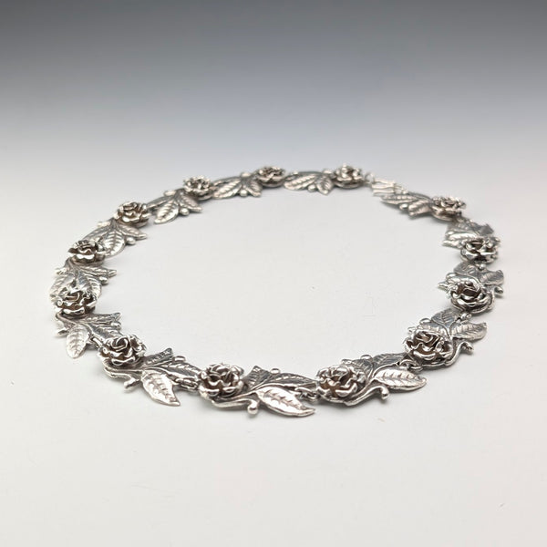 Vintage Sterling Silver Rose Flower Chain Necklace, 43cm, 65g