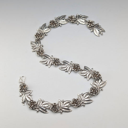 Vintage Sterling Silver Rose Flower Chain Necklace, 43cm, 65g