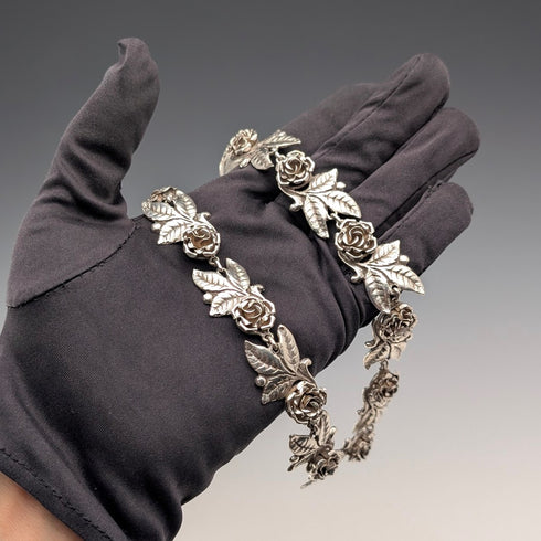 Vintage Sterling Silver Rose Flower Chain Necklace, 43cm, 65g