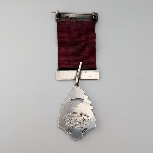 1915 British Antique Sterling Silver Perfect Attendance Award School Medal, Vaughton & Son