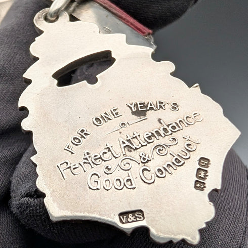1915 British Antique Sterling Silver Perfect Attendance Award School Medal, Vaughton & Son