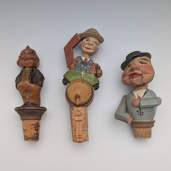 Vintage German Wooden Bottle Stoppers with Movable Figurines, Set of 3 ②
