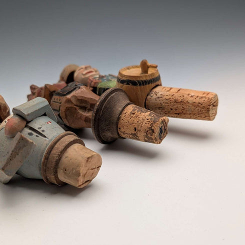 Vintage German Wooden Bottle Stoppers with Movable Figurines, Set of 3 ②