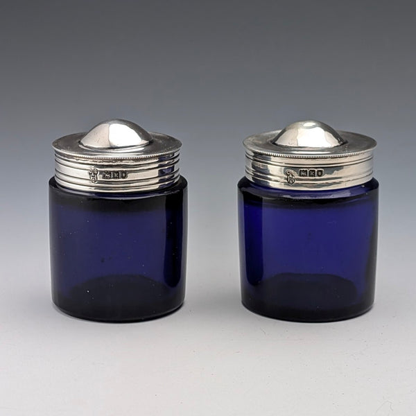 1905 Antique British Silver Lid & Cobalt Glass Inkwell Pair, CS Harris & Sons Ltd.