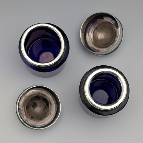 1905年 英国アンティーク 純銀蓋&コバルトガラス製 インク壺ペア C.S Harris&Sons Ltd