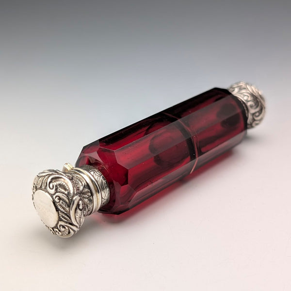 Antique British 800 Silver Lidded Ruby Red Glass Double-Ended Portable Perfume Bottle
