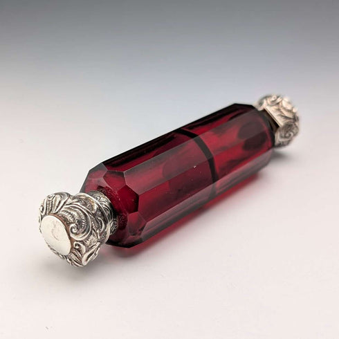 Antique British 800 Silver Lidded Ruby Red Glass Double-Ended Portable Perfume Bottle