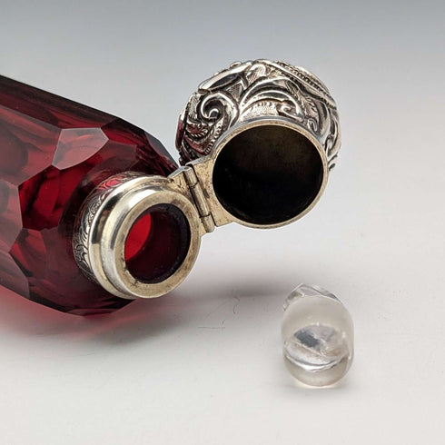 Antique British 800 Silver Lidded Ruby Red Glass Double-Ended Portable Perfume Bottle