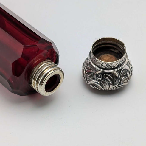 Antique British 800 Silver Lidded Ruby Red Glass Double-Ended Portable Perfume Bottle
