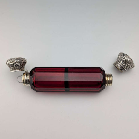 Antique British 800 Silver Lidded Ruby Red Glass Double-Ended Portable Perfume Bottle
