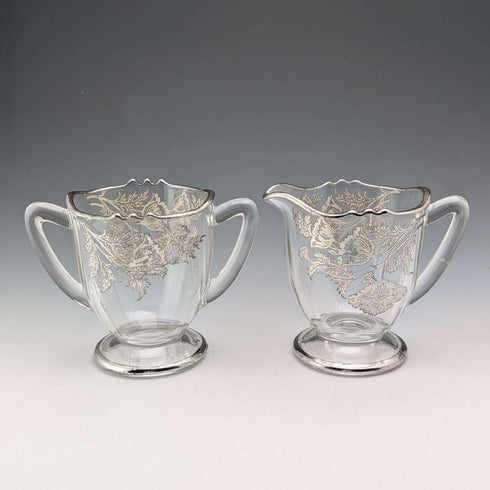 Vintage US Silver Overlay Sugar Bowl & Cream Jug, Silver City Glass Co.