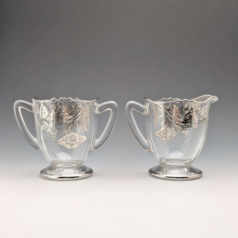 Vintage US Silver Overlay Sugar Bowl & Cream Jug, Silver City Glass Co.