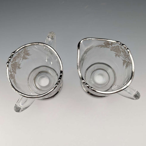 Vintage US Silver Overlay Sugar Bowl & Cream Jug, Silver City Glass Co.