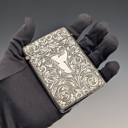 1898 British Antique Scroll-Decorated Sterling Silver Card Case, 79g, Joseph Gloster