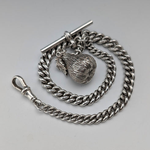 1902 Antique British Sterling Silver Albert Chain, 52g, with Sterling Silver Pear-Shaped FOB.
