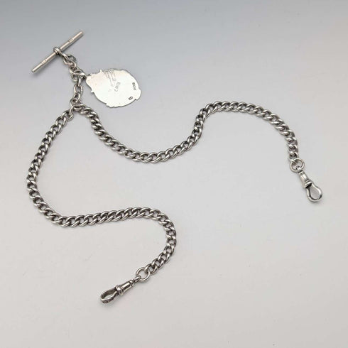 1911 British Antique Sterling Silver Double Albert Chain, 40g, with Sterling Silver Medal Fob