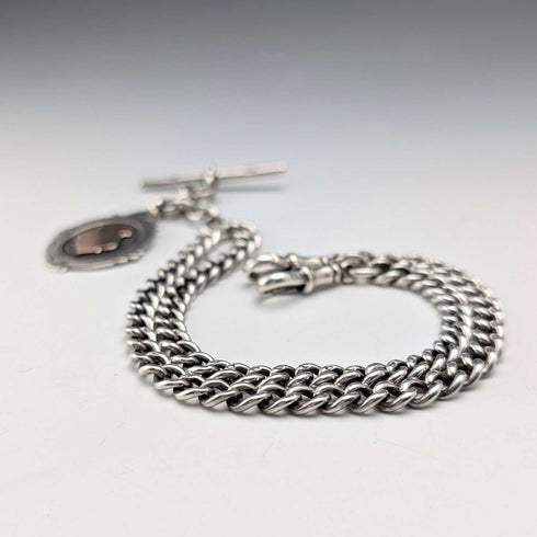 1911 British Antique Sterling Silver Double Albert Chain, 40g, with Sterling Silver Medal Fob