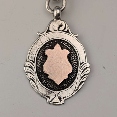 1911 British Antique Sterling Silver Double Albert Chain, 40g, with Sterling Silver Medal Fob