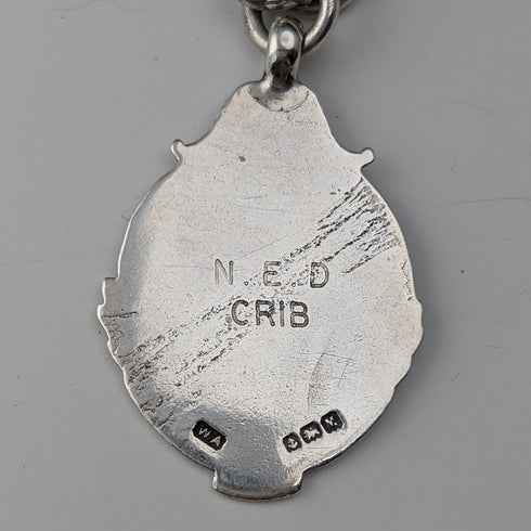 1911 British Antique Sterling Silver Double Albert Chain, 40g, with Sterling Silver Medal Fob