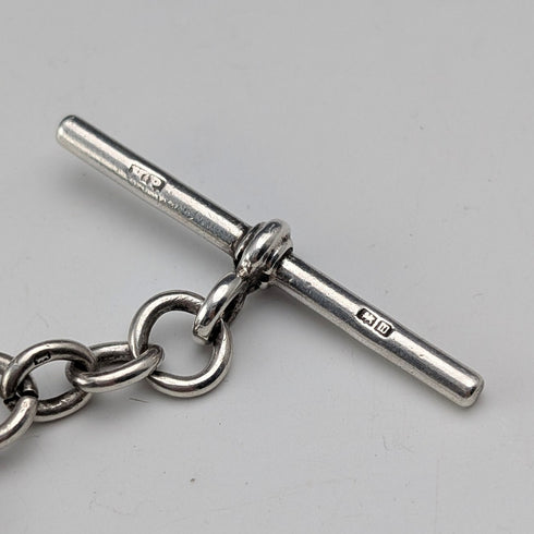 1911 British Antique Sterling Silver Double Albert Chain, 40g, with Sterling Silver Medal Fob
