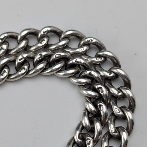 1911 British Antique Sterling Silver Double Albert Chain, 40g, with Sterling Silver Medal Fob