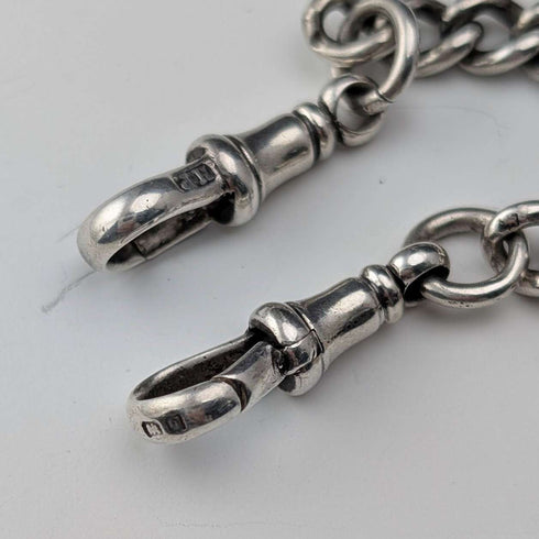 1911 British Antique Sterling Silver Double Albert Chain, 40g, with Sterling Silver Medal Fob