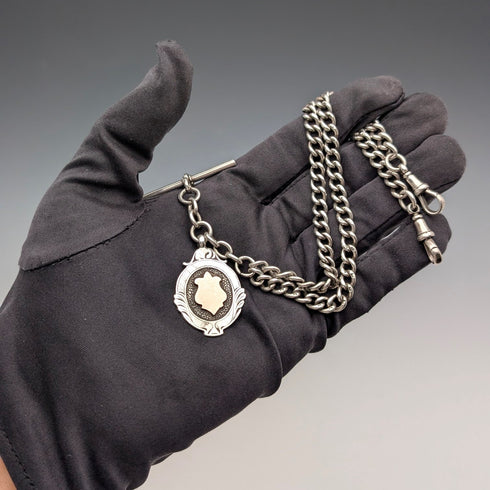 1911 British Antique Sterling Silver Double Albert Chain, 40g, with Sterling Silver Medal Fob