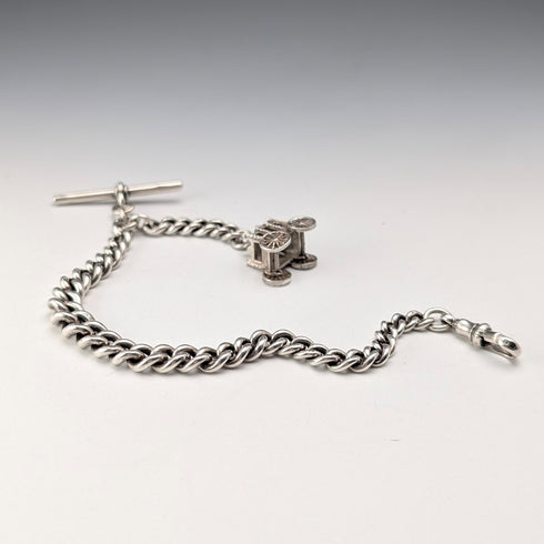 1891 Antique British Sterling Silver Albert Chain, 39g, Carriage-shaped fob.