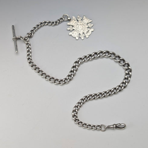 1894 British Antique Sterling Silver Albert Chain, 60g, with Sterling Silver Medal Fob