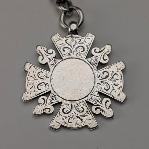 1894 British Antique Sterling Silver Albert Chain, 60g, with Sterling Silver Medal Fob