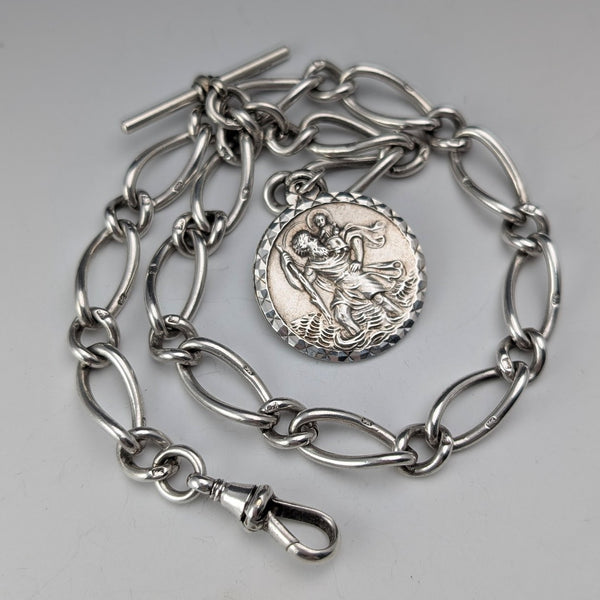 1888 British Antique Sterling Silver Albert Chain, Fancy Link, 42g, with St. Christopher Sterling Silver Medal Fob.