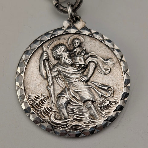 1888 British Antique Sterling Silver Albert Chain, Fancy Link, 42g, with St. Christopher Sterling Silver Medal Fob.