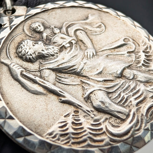 1888 British Antique Sterling Silver Albert Chain, Fancy Link, 42g, with St. Christopher Sterling Silver Medal Fob.