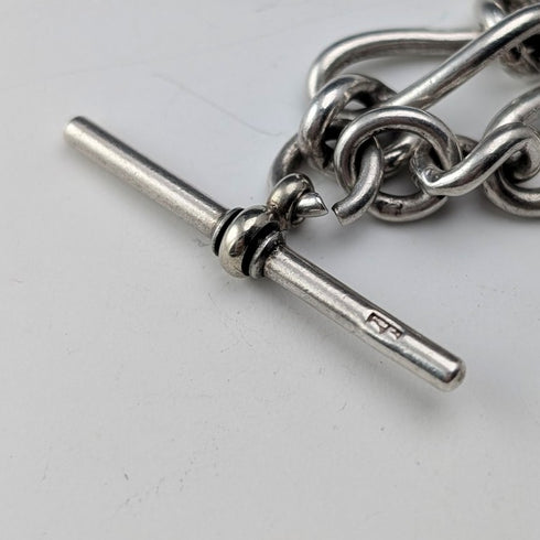 1888 British Antique Sterling Silver Albert Chain, Fancy Link, 42g, with St. Christopher Sterling Silver Medal Fob.