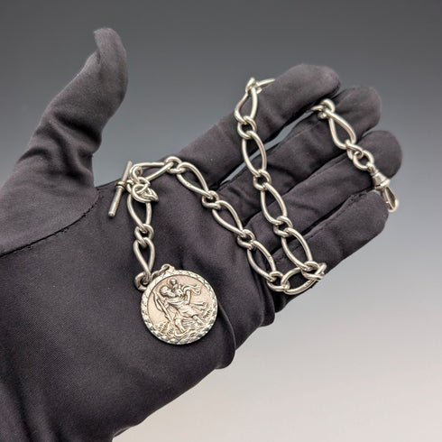 1888 British Antique Sterling Silver Albert Chain, Fancy Link, 42g, with St. Christopher Sterling Silver Medal Fob.