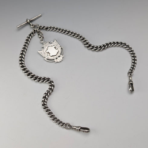 1919 British Antique Sterling Silver Double Albert Chain 59g Sterling Silver Medal Fob