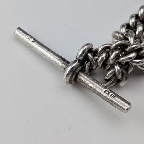 1919 British Antique Sterling Silver Double Albert Chain 59g Sterling Silver Medal Fob