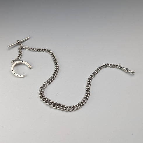 1900 Antique British Sterling Silver Albert Chain, 36g, with Sterling Silver Horseshoe FOB.