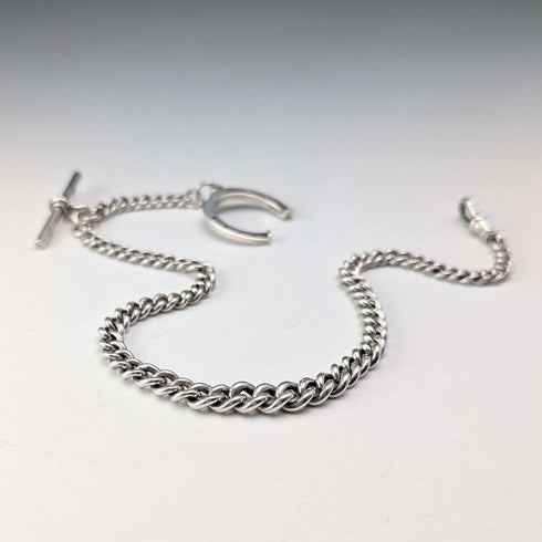 1900 Antique British Sterling Silver Albert Chain, 36g, with Sterling Silver Horseshoe FOB.