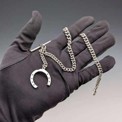 1900 Antique British Sterling Silver Albert Chain, 36g, with Sterling Silver Horseshoe FOB.