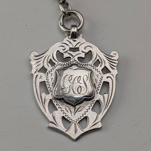 1912 Antique British Sterling Silver Albert Chain, 32g, with Sterling Silver Medal Fob
