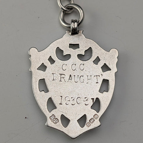 1912 Antique British Sterling Silver Albert Chain, 32g, with Sterling Silver Medal Fob