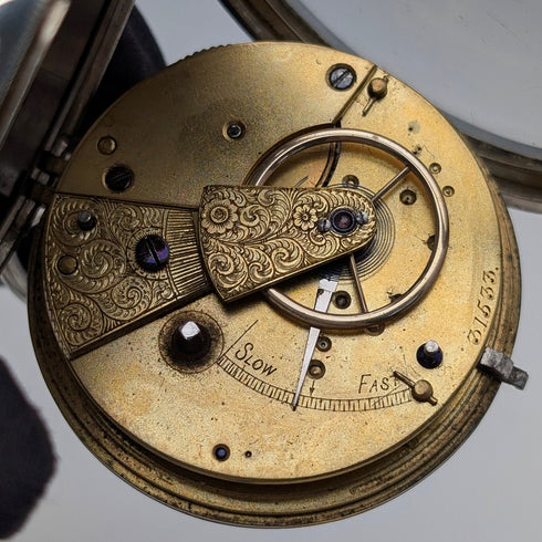 1888 British Antique, Pure Silver Case, Key-Wind, Large Pocket Watch, 56mm Diameter, Good Working Condition.