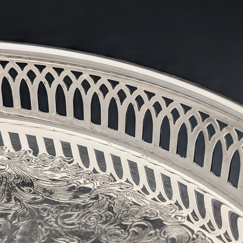 Vintage Silverplate Round Small Gallery Tray, 30cm Diameter, Primrose EP Brass