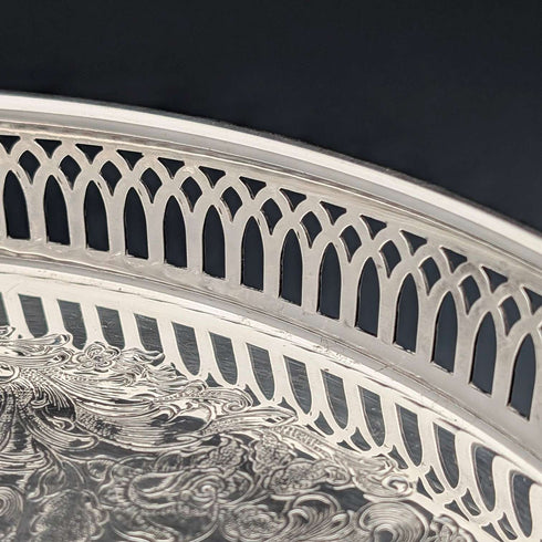 Vintage Silverplate Round Small Gallery Tray, 30cm Diameter, Primrose EP Brass