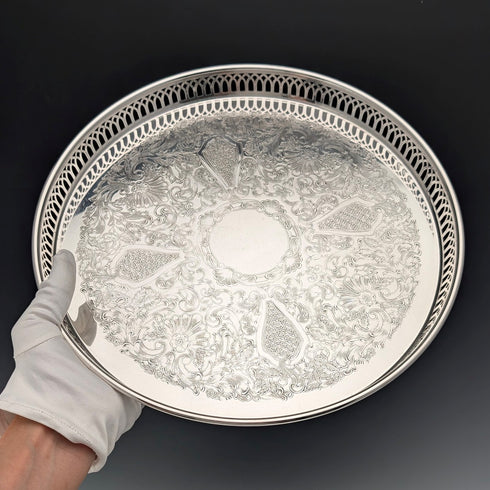 Vintage Silverplate Round Small Gallery Tray, 30cm Diameter, Primrose EP Brass