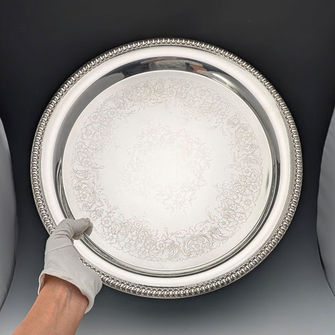Large Round Tray, 36cm Diameter, Made of British Vintage Silver Plate, International Silver.