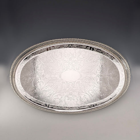 Antique British Silverplate Oval Large Gallery Tray, 39cm Wide, Queen Anne Period, Unused.