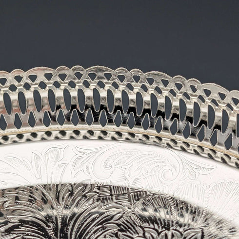 Antique British Silverplate Oval Large Gallery Tray, 39cm Wide, Queen Anne Period, Unused.