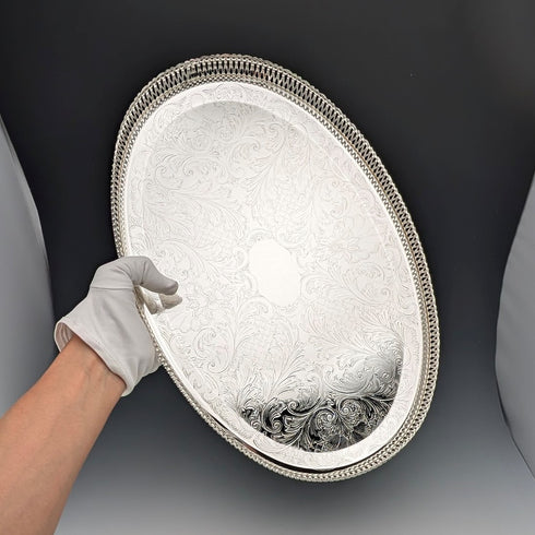 Antique British Silverplate Oval Large Gallery Tray, 39cm Wide, Queen Anne Period, Unused.